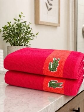 Lacoste Bath Towels 2pc Set Red Orange Cotton 30x52 Logo Luxury NWT